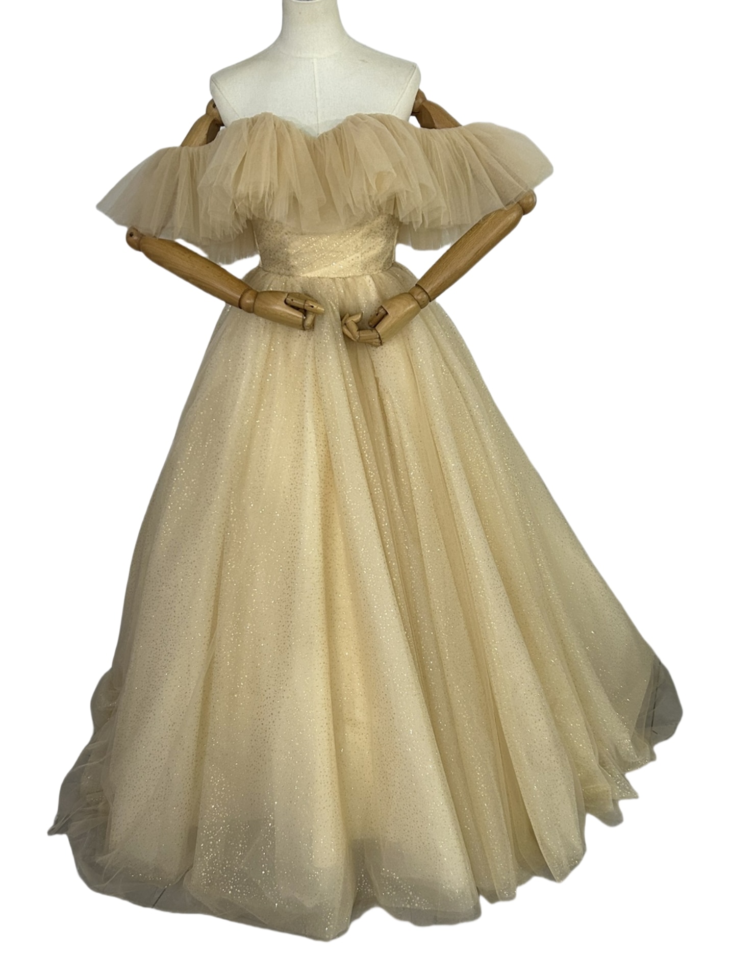 カラードレス シャンパン色 オフショルダー キラキラチュール 編み上げ 短トレーン 披露宴