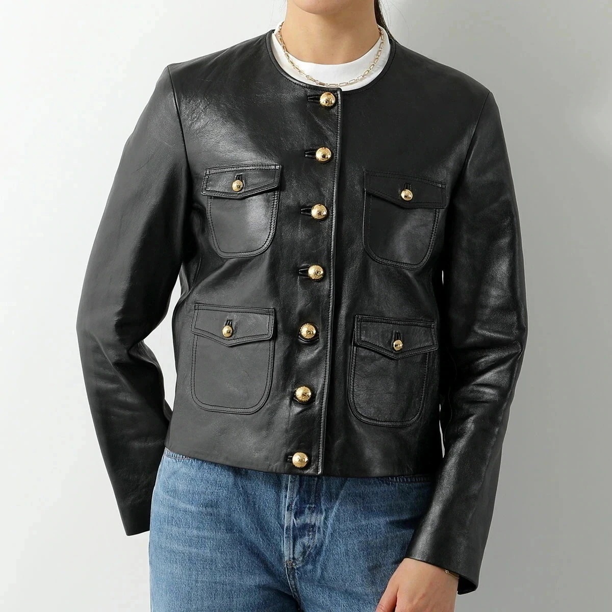 CELINE セリーヌ ジャケット 2F437305Q.38NO レディース トリオンフ レザー ノーカラー 長袖 胸ポケット ブラック】