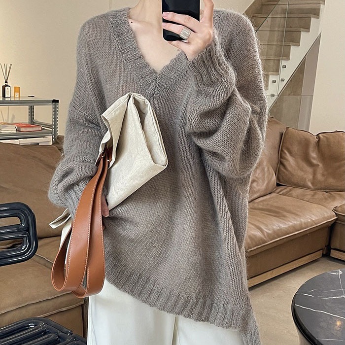 ニット セーター レディース モヘア Vネック 無地 長袖 トップス 透かし編み ニットセーター プルオーバー 大きいサイズ 春 秋 冬 韓国ファッション オーバーサイズ ビッグシルエット 着痩せ お