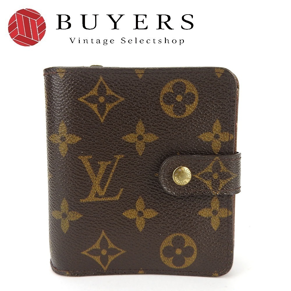 中古 二つ折り財布 コンパクトジップ M61667 モノグラムキャンバス ブラウン ゴールド金具 普段使い 小物 レディース 女性
