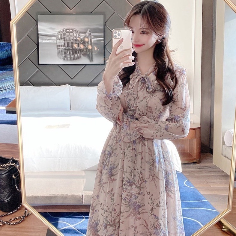 ワンピース フレアワンピース 膝下 ミモレ ミモレ丈 袖あり 長袖 フレア Aライン シフォン リボン ウエストマーク ウエストリボン かわいい 大人可愛い おしゃれ お洒落 かっこいい レトロ