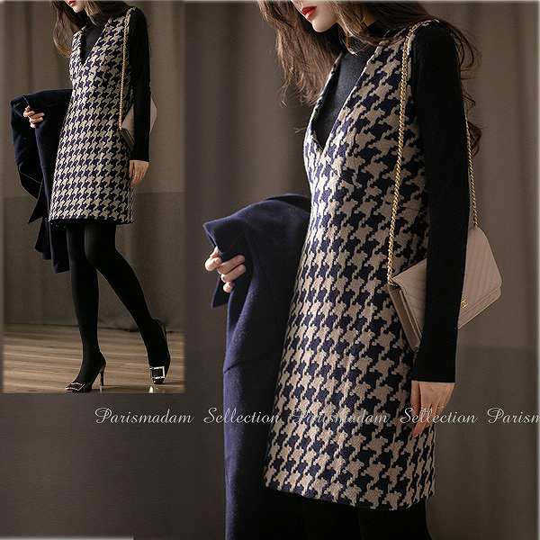 数量限定V襟チェックジャンバースカート　ギンガムチェック　千鳥格子　膝上丈　ミニ丈　ほっそり効果大 20代30代40代50代　ミセス