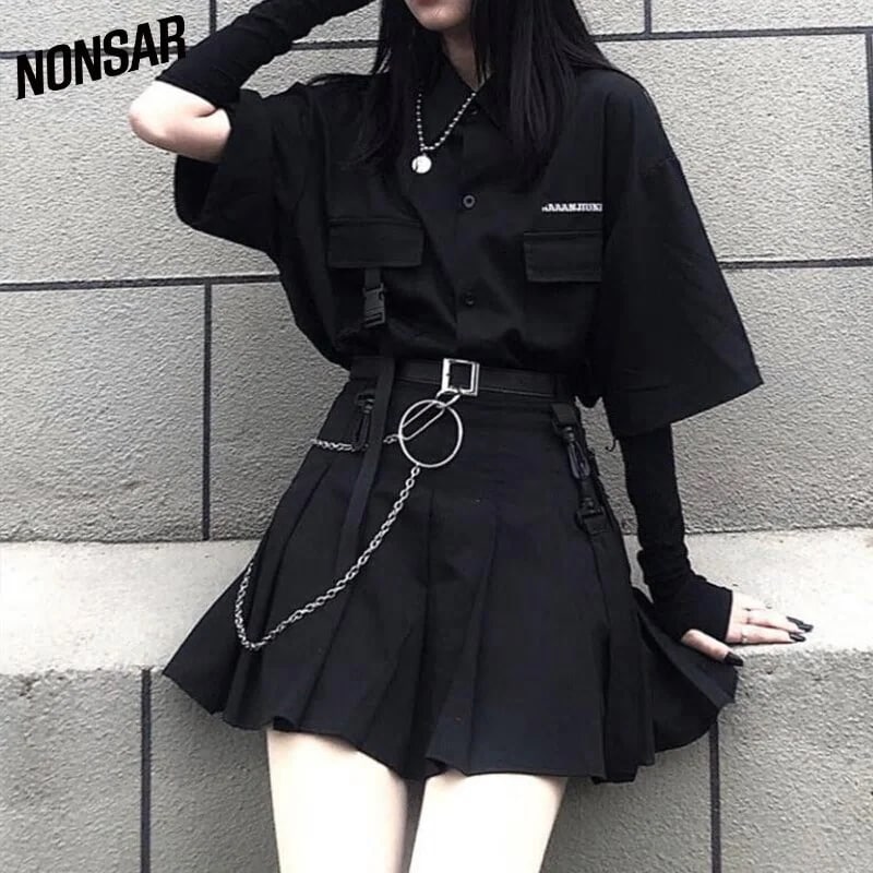 ファッションウィメンズダークルースBFスカートフルセットチェーン2PCSブラッククロ