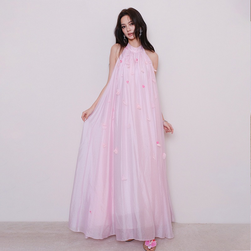 春夏 ピンクチュール ノースリーブ 花びら飾り ドレス 誕生日パーティーや成人式ドレスに