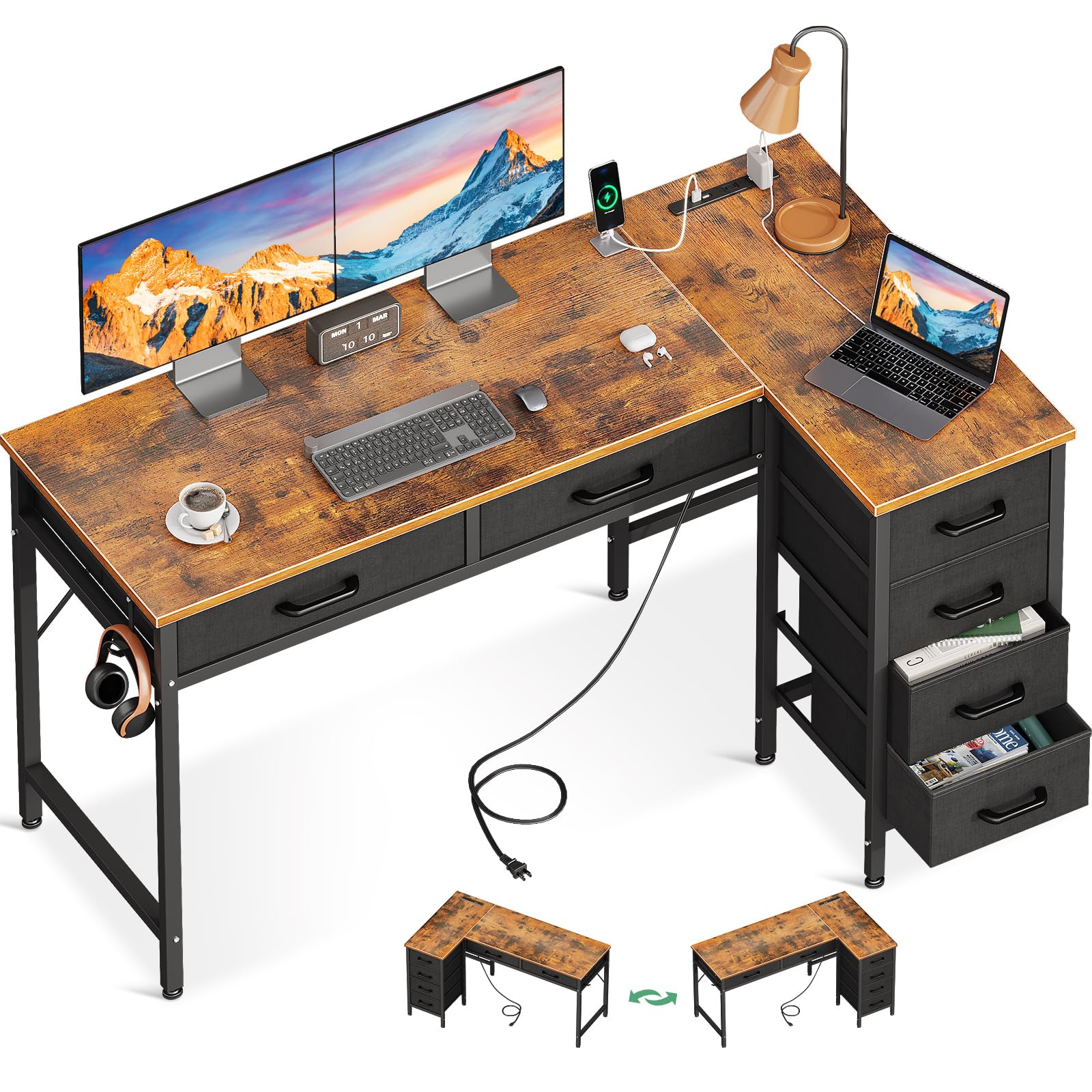 字デスク パソコンデスク デスク ゲーミングデスク コンセント付き 右棚左棚 PCデスク 引き出し6杯付き 幅126cm 多層収納 頑丈フレーム 省スペース オフィスデスク 学習机 37970