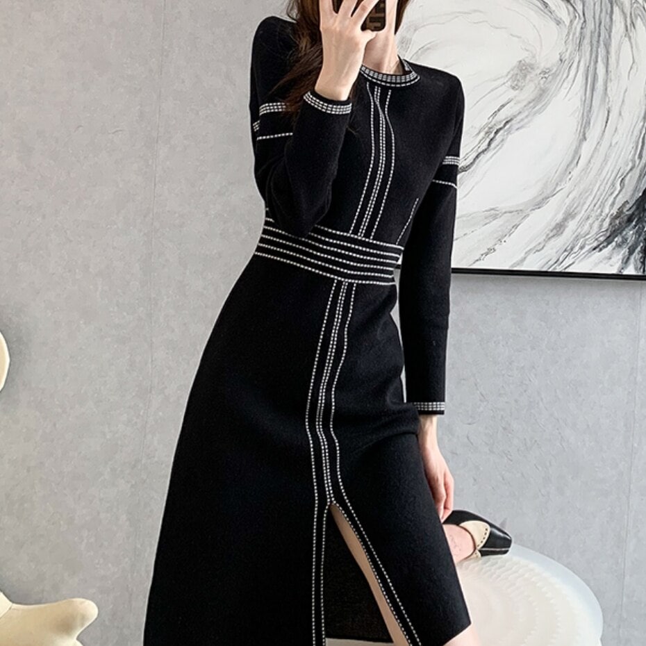 ワンピース タイト 膝下 ミモレ 長袖 ラウンドネック ウエストマーク 細身 フロントスリット ウエストマーク かわいい 大人可愛い きれいめ シンプル 春 秋 デート お出かけ モテ XL黒