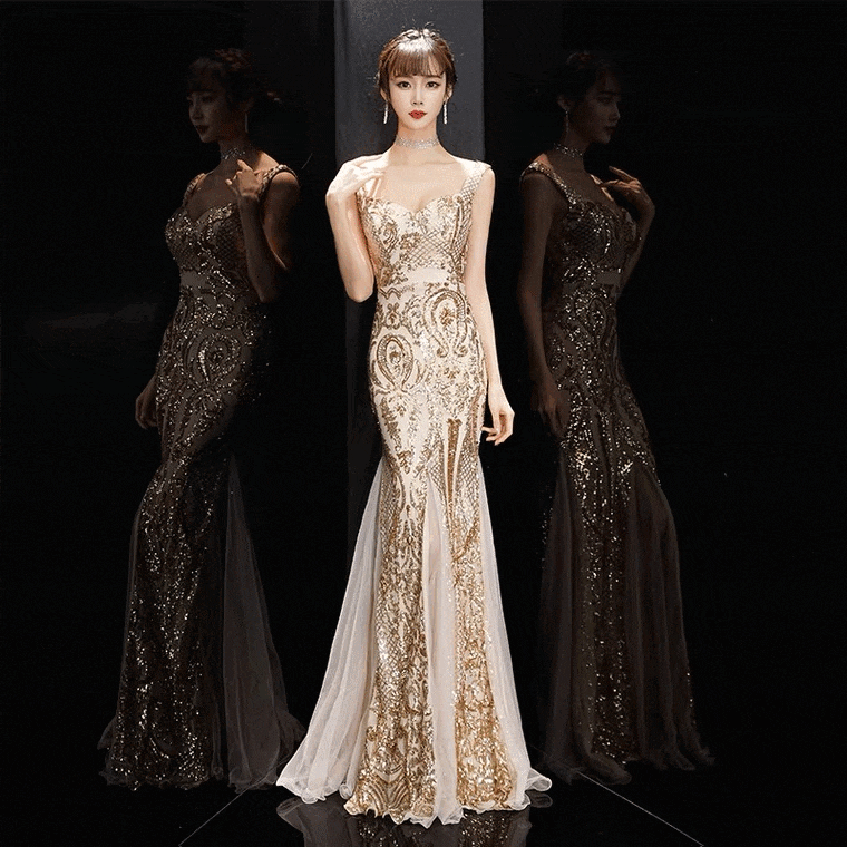 [即納] [ロングドレス] audray マーメイドドレス ゴールド S M L XL XXL 結婚式 パーティードレス ドレス ワンピース 二次会 ロングドレス 大きいサイズ ミモレ丈 ロング丈