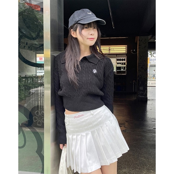 ムア ロゴ オープン カラー ケーブル ニット/LOGO OPEN COLLAR CABLE KNIT/韓国スタイル