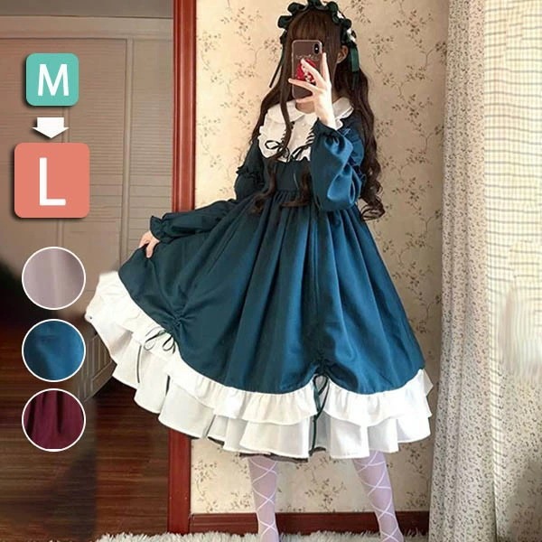 ロリータ ビッグカラー ワンピース クラロリ 単品 ゴスロリ 長袖あり 袖付き Aライン Lolita リボン フリル裾 クリスマス レディース コスチューム 衣装 かわいい 仮装 パーティ お茶会
