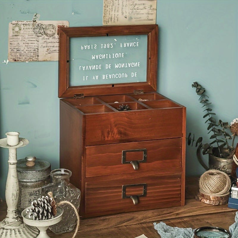 収納箱 ヴィンテージ調 引き出し 付き おしゃれ かわいい インテリア 北欧 ガラス蓋 キャビネット 大容量 収納 ボックス アクセサリー