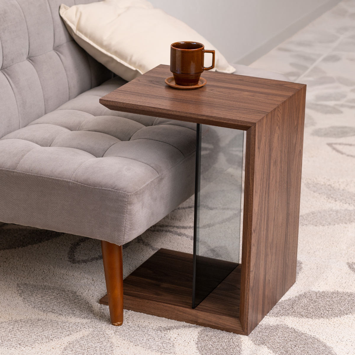 サイドテーブル 幅54cm 強化ガラス棚 ウォールナット調 コの字型 テーブル 机 オープンラック ミニテーブル ラック 棚 収納 縦置き 横置き レイアウト自由 ガラス棚付 収納付 クール