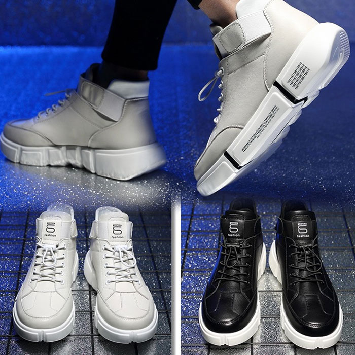 ハイカットスニーカー メンズ レザー 本革 厚底ソール サイドバンド 履きやすい ホワイト ブラック