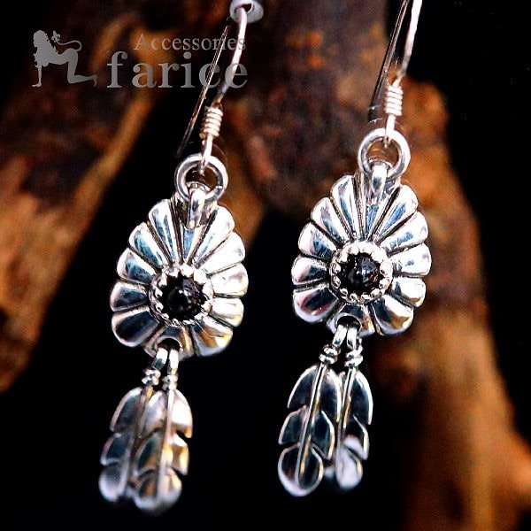 天然石ブラックスター装飾 サン&フラワー(太陽花)アレンジプレート 2フェザー(羽)ドロップデザイン メンズ&レディース インディアンジュエリー シルバー925 アメリカンフックピアス