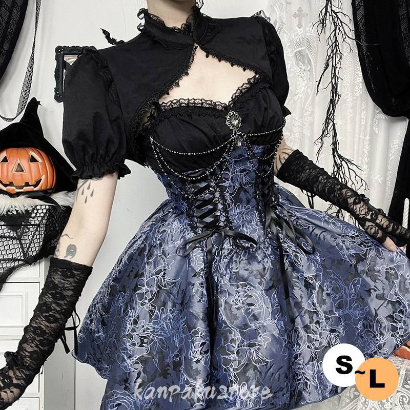 ゴシック ロリータ ワンピース トップス 2点セット ハロウィン 仮装 悪魔風 レディース ゴスロリ コスプレ衣装 ドレス パンク ウィッチ風 魔女 吸血鬼 幽霊 レース ビジュアル系 おばけ 演出