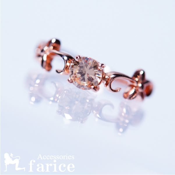 ブリリアントカット ホワイトキュービックジルコニア装飾 カールフラワー(花)フレームデザイン ピンクゴールドカラー レディースシルバージュエリーリング