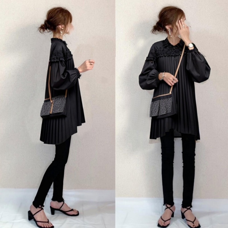 【今季注目】 無地フェミニンエレガントランタンスリーブギャザー春秋シャツ