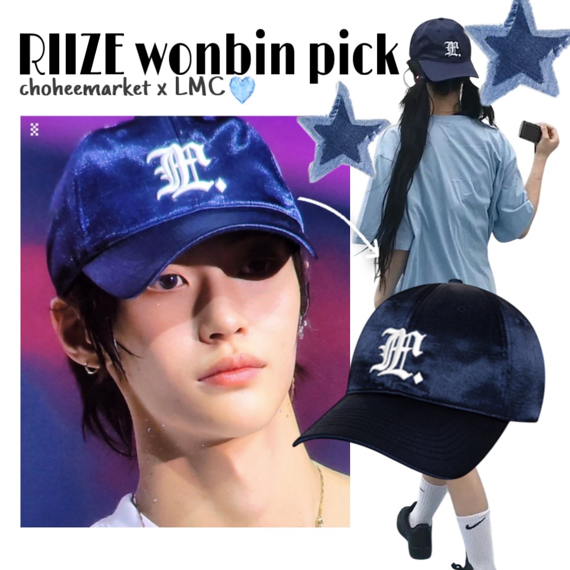 [RIIZE wonbin pick!] TWICE,KISS OF LIFE, LMC(authentic) GOTHIC SATIN 6PANEL CAP (navy)