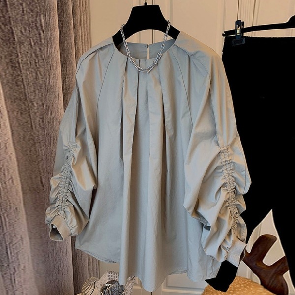 【欠かせない】 流行の予感 丸ネック トップス 長袖 ギャザー ブラウス