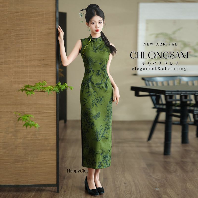 パーティードレス ロング チャイナドレス 古典 30代40代 竹の柄 緑 チャイナ風ワンピース 中華風 ワンピース 立ち襟 レディース 二次会ワンピース ノースリーブ 春夏 お呼ばれ 結婚式 二次会