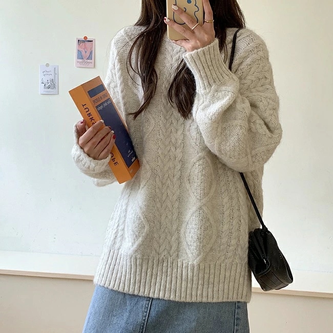 ニットセーター 厚手 レディース ニット ケーブル編み レトロ セーター クルーネック 厚手ニット プルオーバー ニットトップス クラシカル おしゃれ 冬 秋 グレー ベージュ パープル