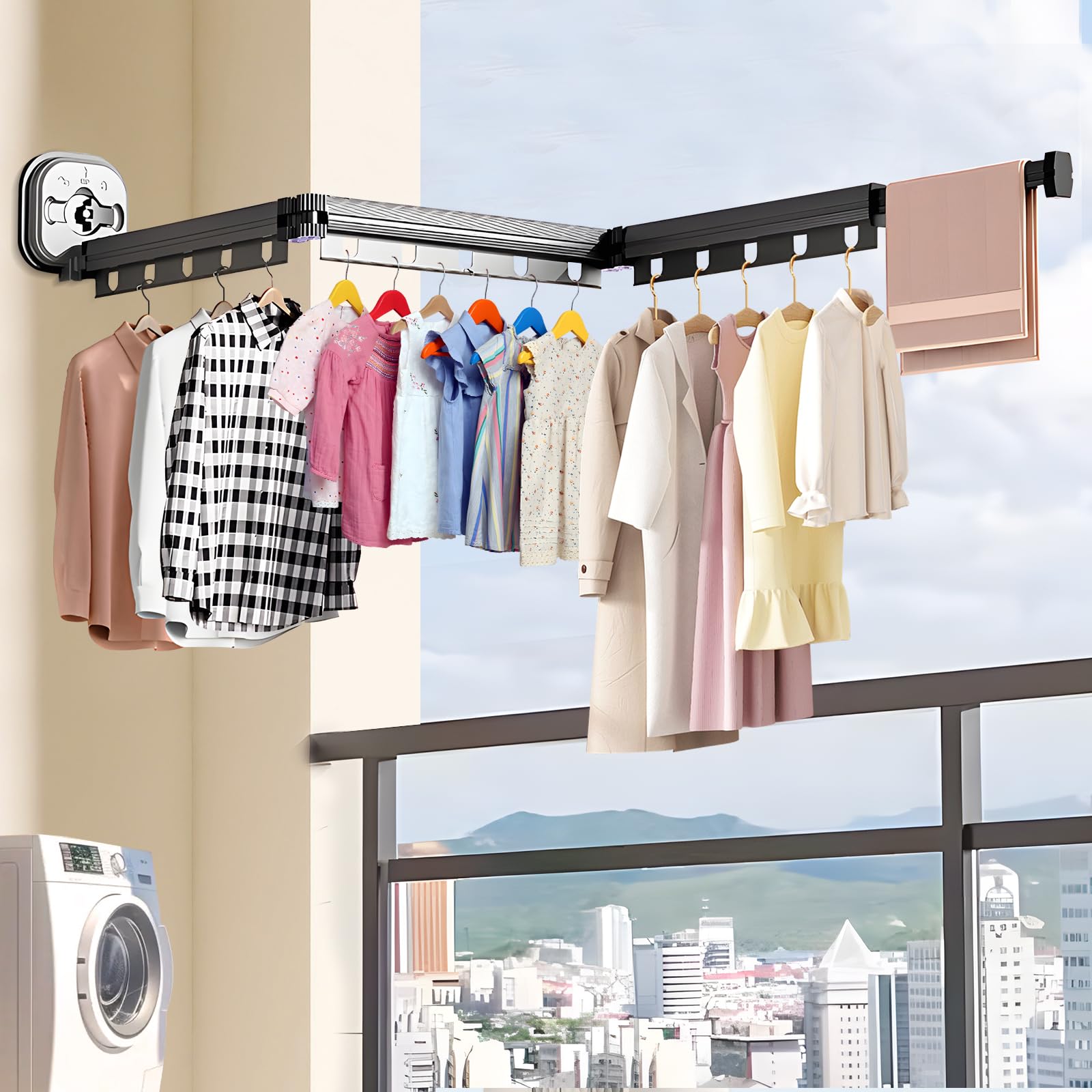 室内物干し 折りたたみハンガー 吸盤式折りたたみ物干し 3段階伸縮可能 洗濯物干し 室内ウォールハンガー 隠し物干し 工事不要 壁掛け 穴あけ不要 省スペース アルミニウム 防水防錆 梅雨対策 旅行