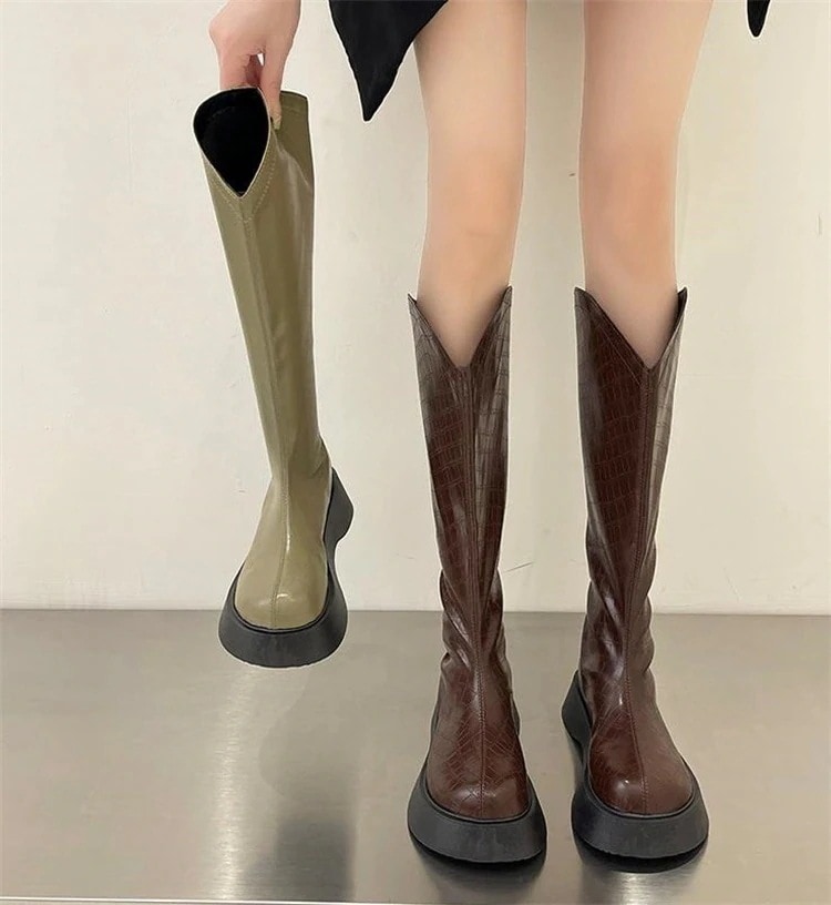 スタイル ピュアカラー ブリティッシュスタイル ロングブーツ レトロ シンプル 新作 トレンド かっこいい 厚底 シューズ