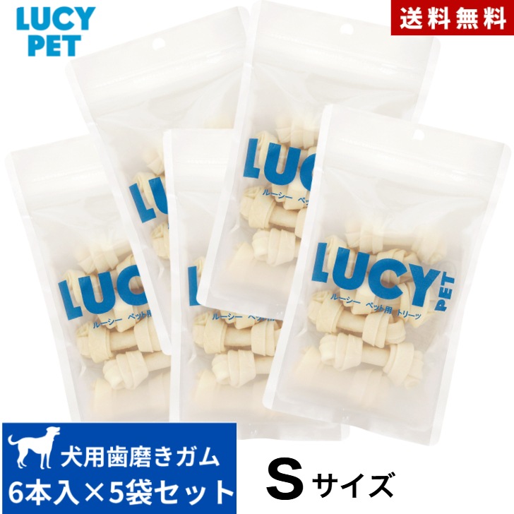 ルーシーペット チューイングボーン S ｻｲｽﾞ６本入 5点セット 正規品 無添加 ガムタイプ あご 歯ぐき 運動 ガム おやつ 骨型 牛肉皮 歯磨き 歯茎 マッサージ 小型犬 大型犬 中型犬 犬用