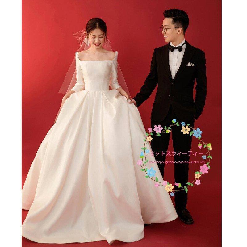 韓国ファッションドレス ハネムーンフォト 冬 ウエディングドレス 海外挙式 二次会 ロングドレス 花嫁ドレス ブライダル 花嫁 挙式 秋 ウェディングドレス 長袖 シンプル 撮影