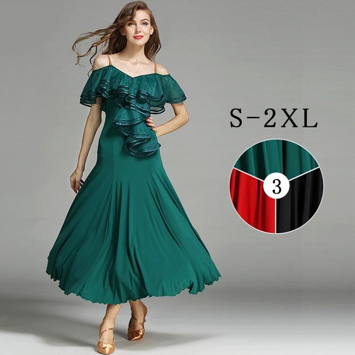 社交ダンス ドレス 社交ダンス衣装 長袖 初心者 練習着 広がる裾 発表会用 ワンピース パーティー ブラック レッド グリーン S M L XL 2XL