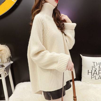トップス リブニット ハイネック レディース 3色 長袖 タートル セーター バックスリット スタンドカラー オーバーサイズ ビッグシルエット きれいめ 大人女子 エレガント 肌見せ 無地 春 秋 冬