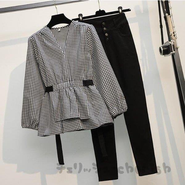 セットアップレディースカジュアル40春秋長袖2点セットブラウスシャツVネックガウチョパンツフォーマル大きいサイズおしゃれ通勤上品着痩せ