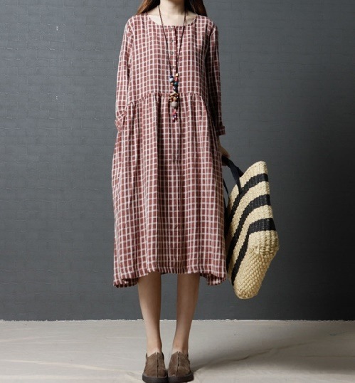 1120．チェック柄カジュアルルーズワンピース（ブラウン）