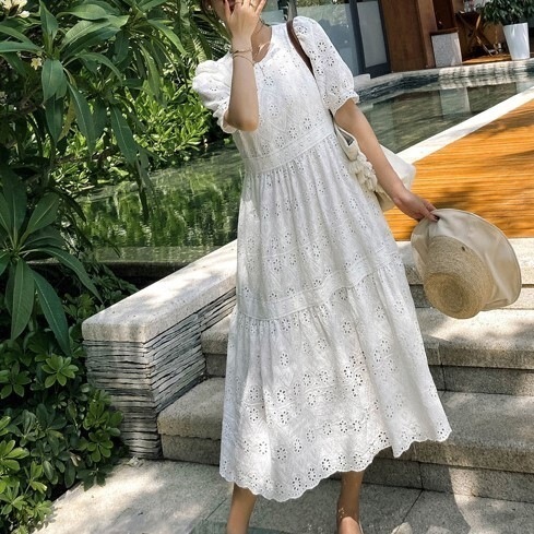 ワンピース 半袖 春夏 かわいい ロング aライン ティアード パフスリーブ ラウンドネック フレア レース 刺繍 ふわふわ S M L ゆったり 大人可愛い きれいめ シンプル カジュアル 大人 上 7,364円