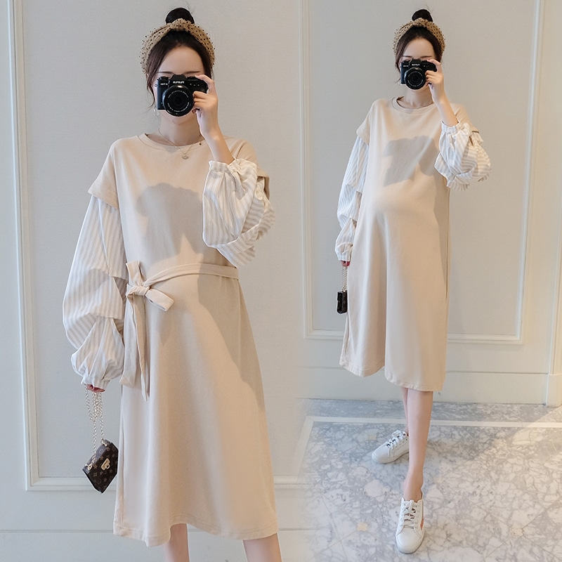 【送料無料】マタニティ ワンピース レイヤード風 ウエストリボン 長袖 ゆったり ドレス