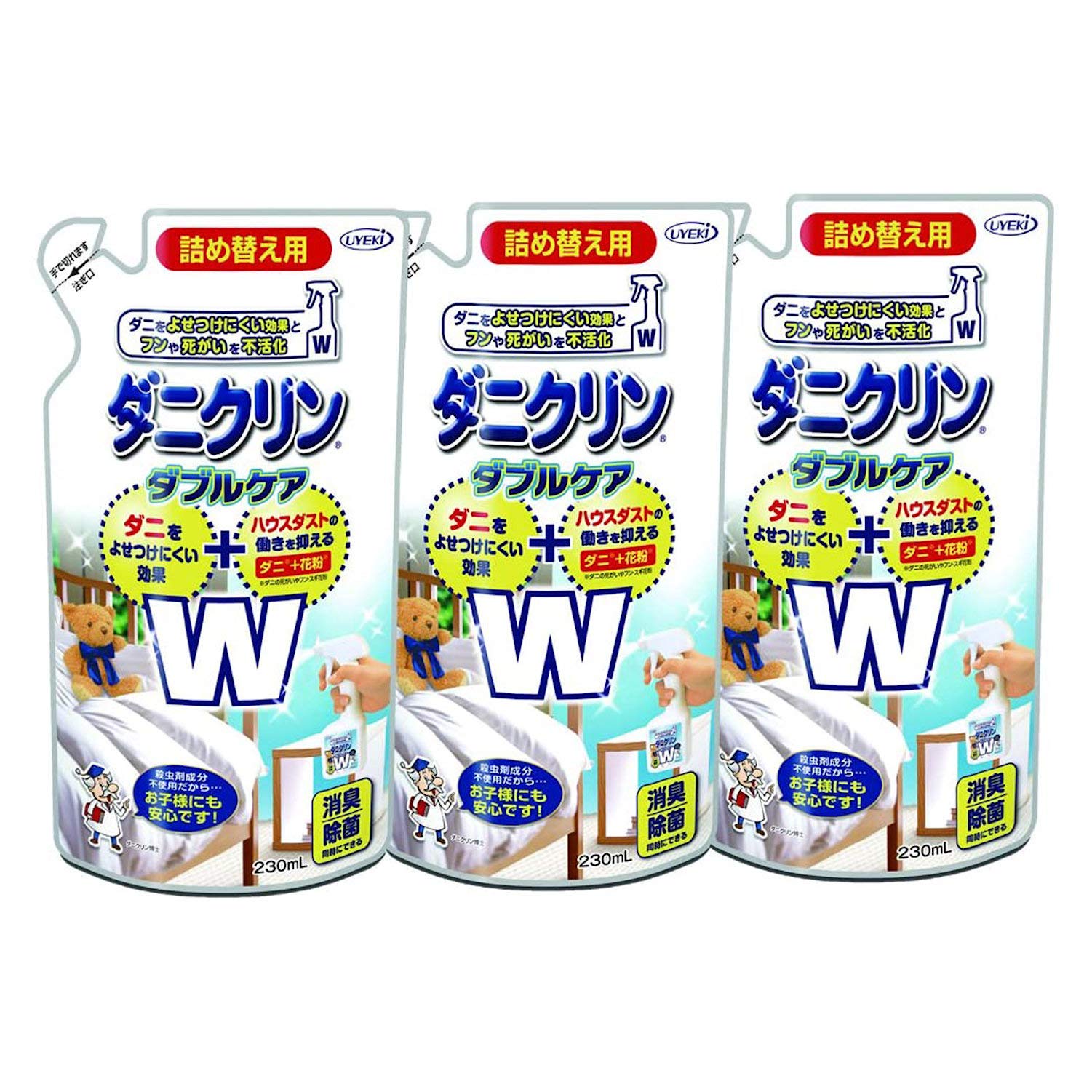 【まとめ買い】UYEKI(ウエキ) ダニクリン 防虫スプレー Wケア 防ダニ ハウスダスト抑制 持続効果約1ヶ月 詰替 230ｍL×3個セット【