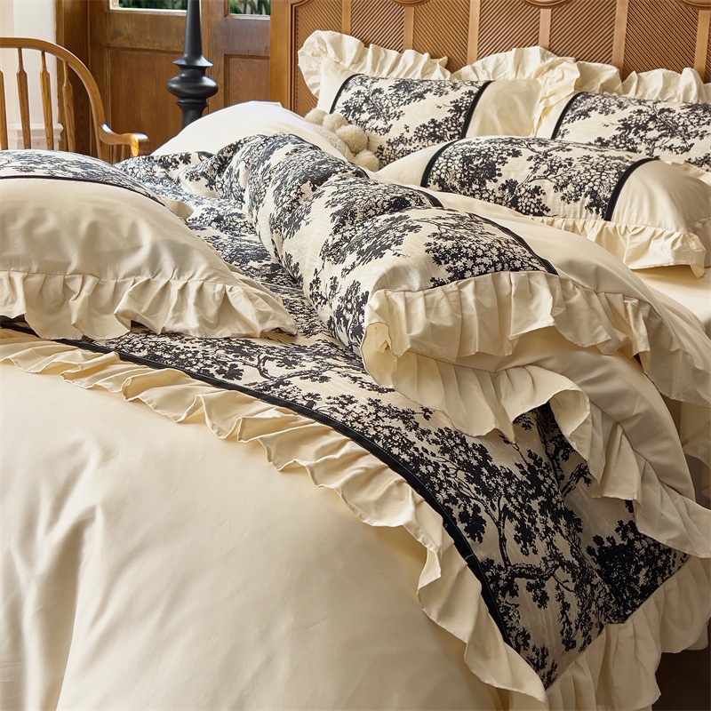 国風油絵100本新疆長絨綿全綿4点セットデジタルプリント復古風純綿レース布団カバー