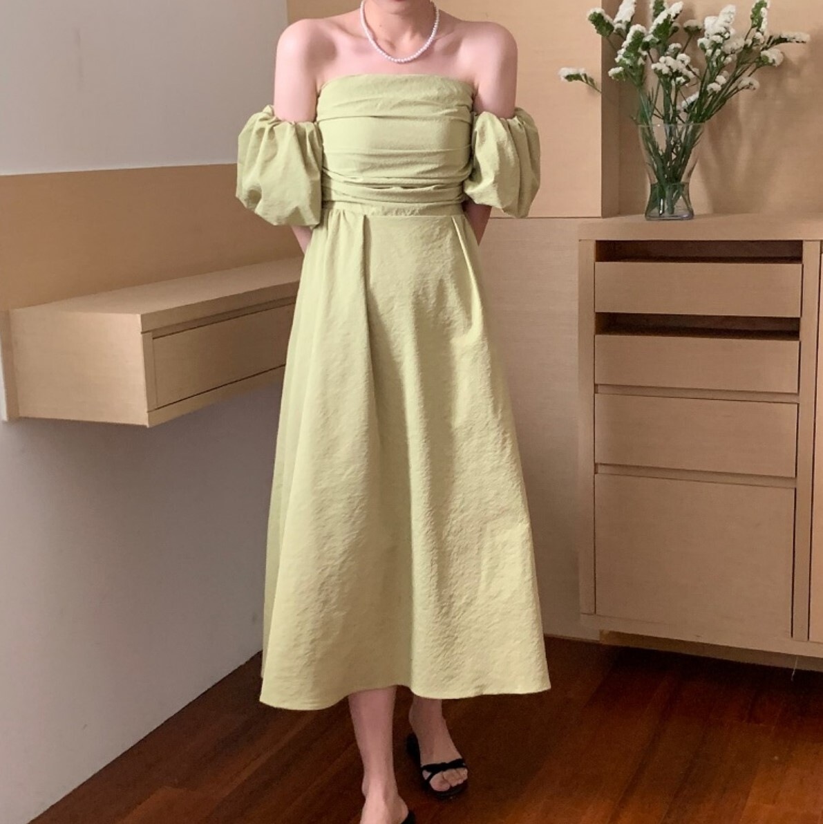 ドレス レディース パーティードレス S M L 韓国 結婚式ドレス 二次会ドレス ロングドレス ロング ロング丈 半袖 ボリューム袖 オフショルダー オフショル Aライン エレガント 上品 かわいい