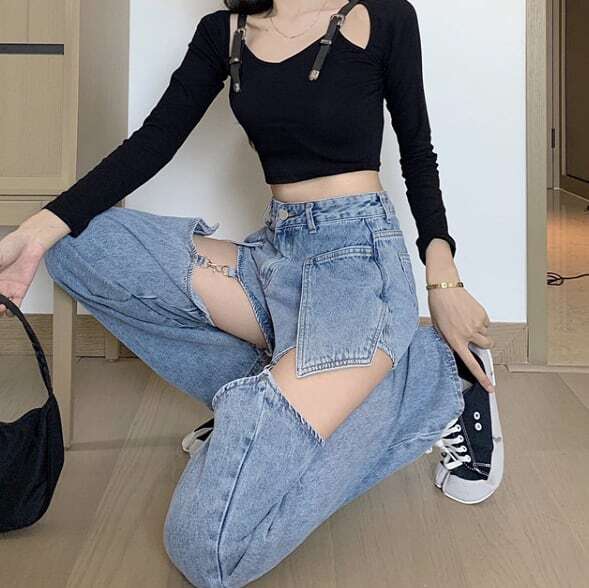 レディース ボトムス デニム ダメージ クラッシュ セパレート チェーン 変形 取り外し可能 肌見せ セクシー ハイウエスト 大人可愛い ママコーデ ママファッション 韓国系 オルチャン 人気 トレン