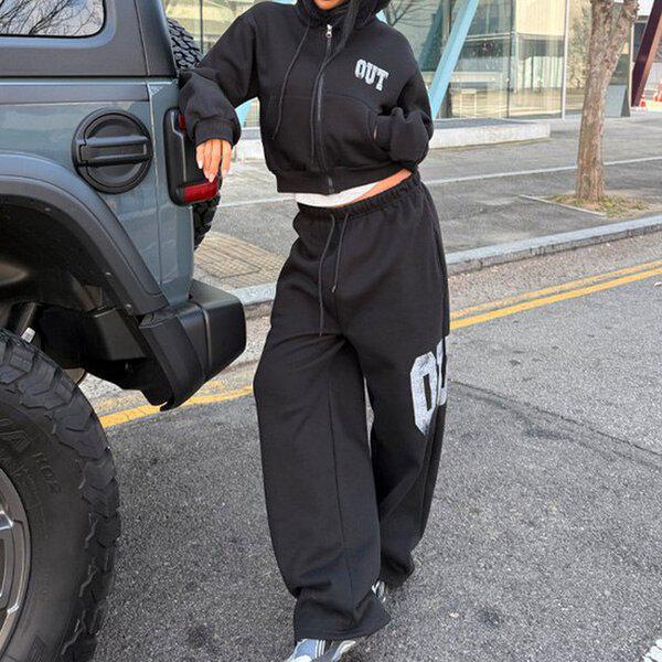 (SET)起毛アウトクラックフードジップアップセット 冬 女性