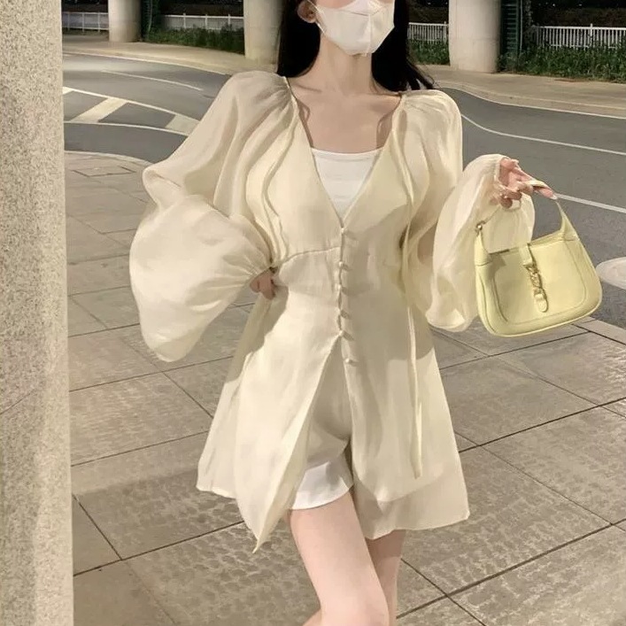 トップス シャツジャケット フランス風 Vネック ストラップ シフォン 長袖 フェアリー 紐 夏 ボタン バルーンスリーブ 無地 スリムフィット ミドル丈 羽織物 シック カジュアル 足長効果