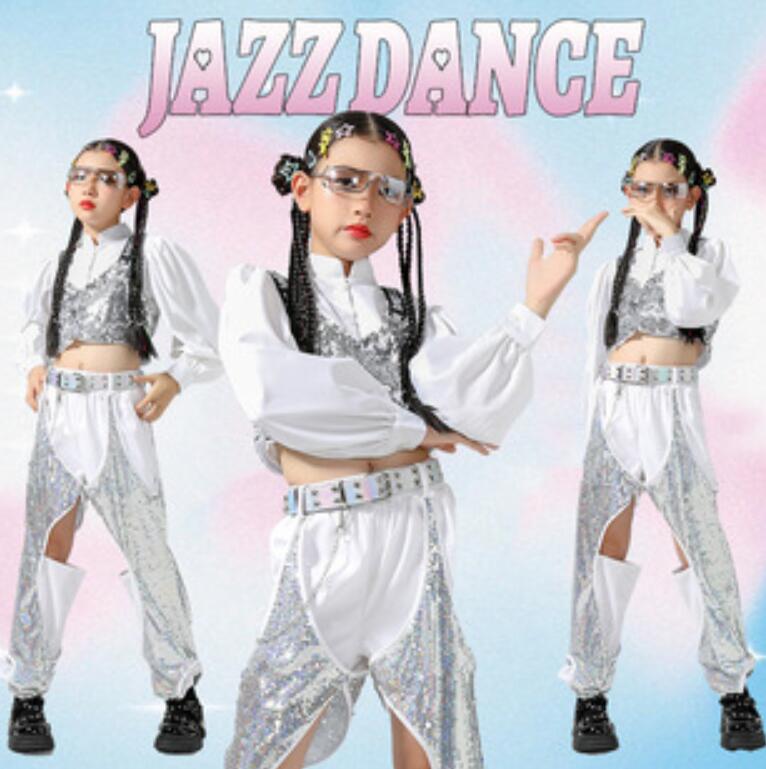 女の子ダンス衣装　チアガール　スパンコール　臍出しトップス　3色　子供ジャズヒップホップダンスウェア　スパンコール切り替えパンツ　hiphop jazz 舞台ダンスウェア　キッズステージ演出衣装 ジャ