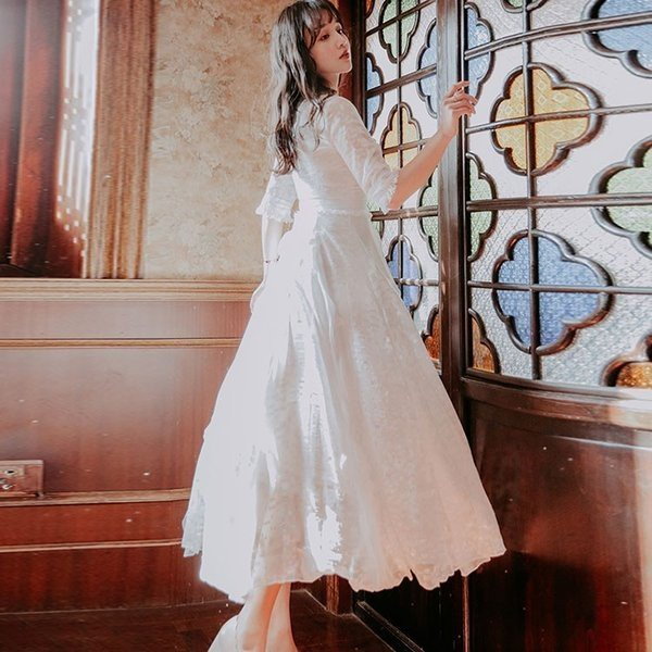 Qoo10] 白ワンピース マキシワンピ 五分袖 長袖