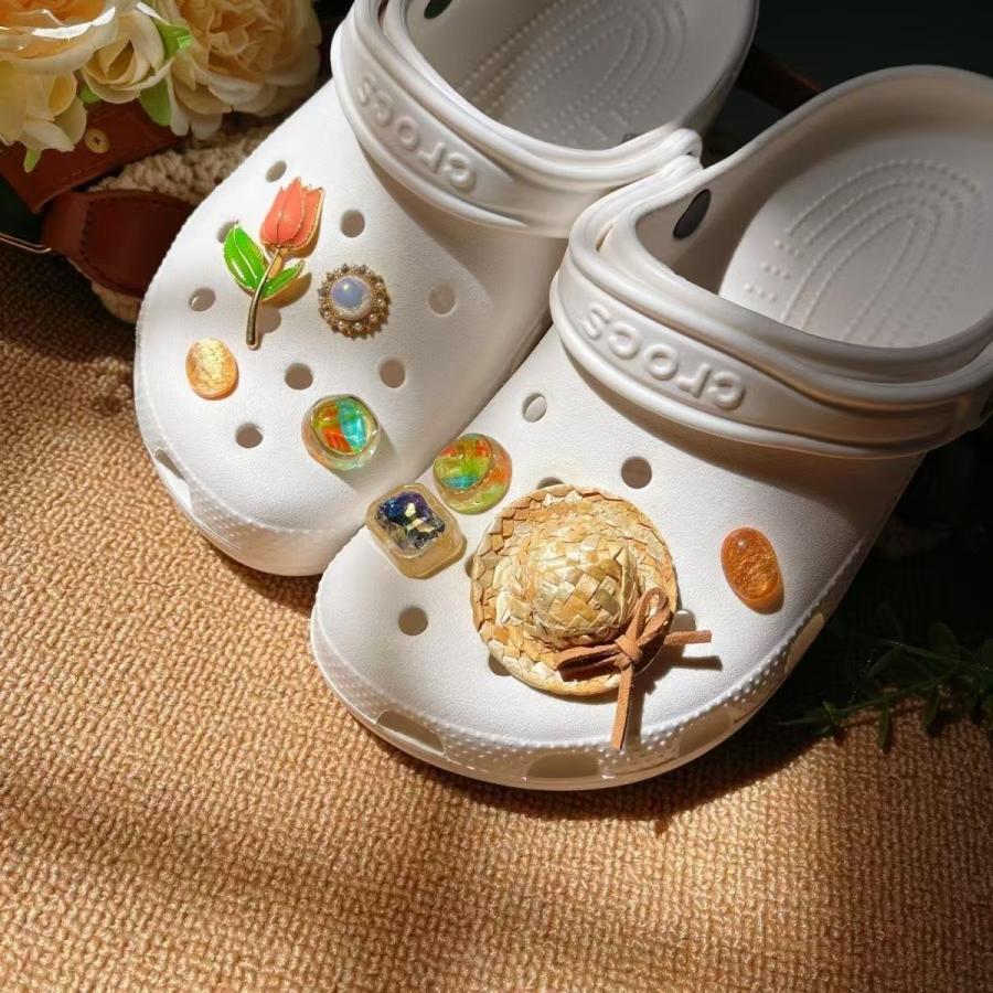 ジビッツ8点セット リボン サンダル デコレーションピン ジャム チャームズ ジビッツ かわいい オシャレ パール ootd キラキラ ラメ 夏 ミント ライトブルー