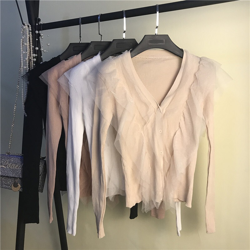 トップス ニットソー カーディガン 袖あり 長袖 Vネック スリム タイト 細身 チュール フリル 前開き リブニット 伸縮性 アクリル かわいい 大人可愛い きれいめ カジュアル 上品