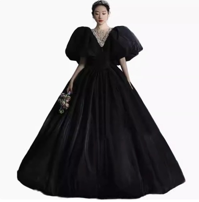 ドレス ワンピース パーティー 結婚式 二次会 披露宴 発表会 舞台 フォーマル 演劇 ラウンジ クラブ マキシ 半袖 パフスリーブ Vネック プリンセスライン チュール シフォン ウエストマーク 6,809円