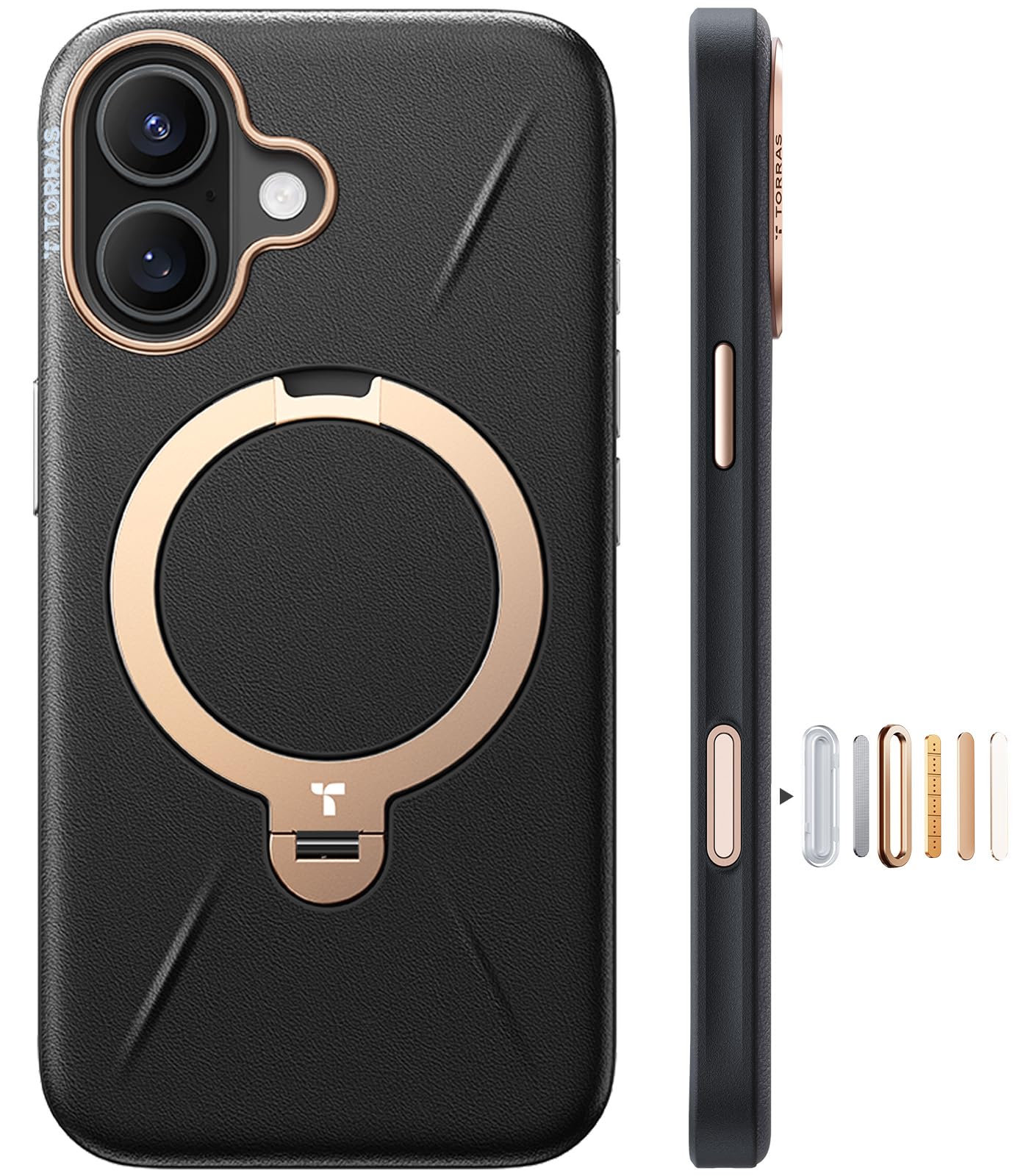 【新感覚レザースキンタッチ】TORRAS iPhone 16 用 ケース 革 360回転スタンド 縦横両対応 リング マグネット搭載 MagSafe対応 ワイヤレス充電対応 米軍規格耐衝撃 指紋防