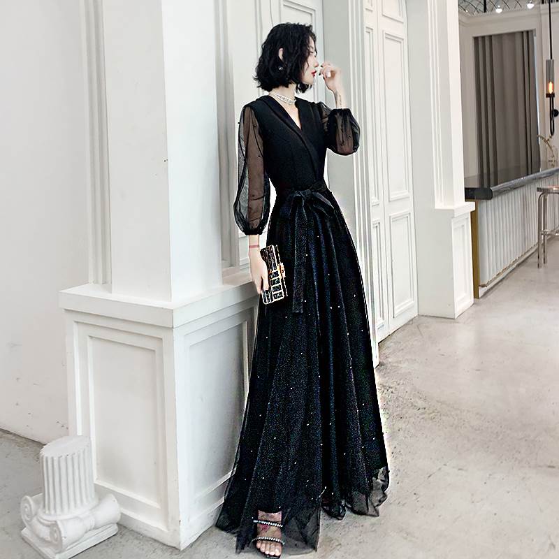 ロング ドレス パーティードレス 個性的 黒 チュール 長袖 カッコイイ 結婚式 二次会 お呼ばれ フォーマル 演奏会 ピアノ 発表会 ドレス 大人 カシュクール モード ビーズ ドット 水玉 シース