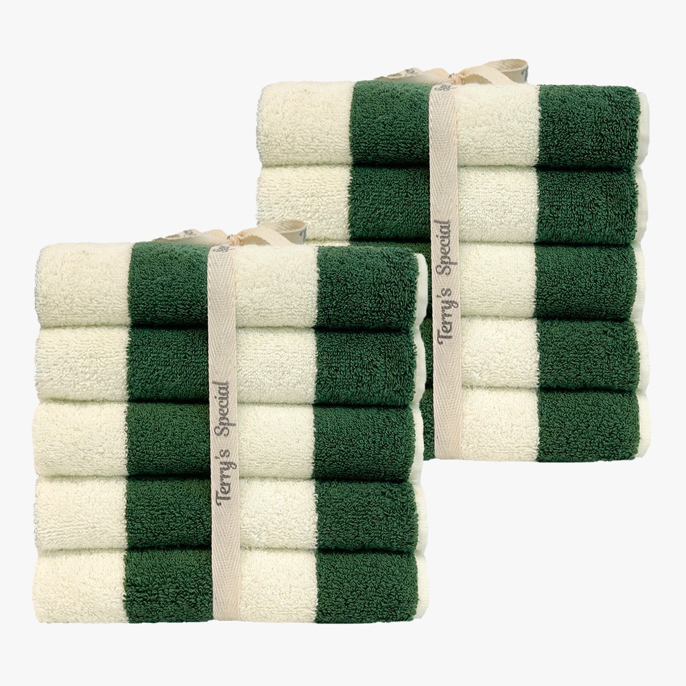 テリースペシャル 200g ストライプ ホテルタオル 10枚 (グリーン&アイボリー) 先染め 死塩 高重量 高級 タオル プレゼントセット 洗面タオル タオル