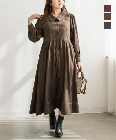大きいサイズ レディース LL 3L 4L XL XXL XXXL CLETTEオリジナル配色ステッチシャツワンピース