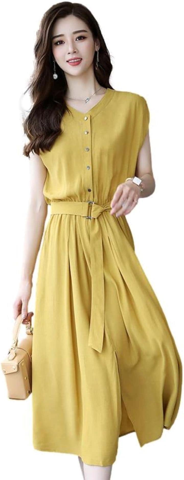 ワンピース レディース Aライン ミモレ丈 ウエストベルト シフォン フレンチスリーブ ノーカラー( マスタード, XL)